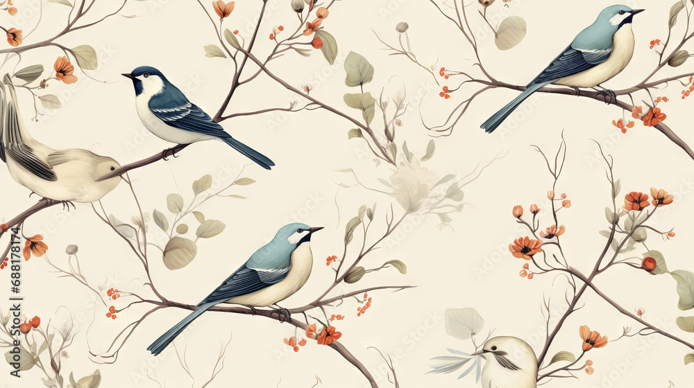 Creamy Birds Seamless Pattern - Digital Illustration With High Quality Pixels Can Be Used For Print On Demand 