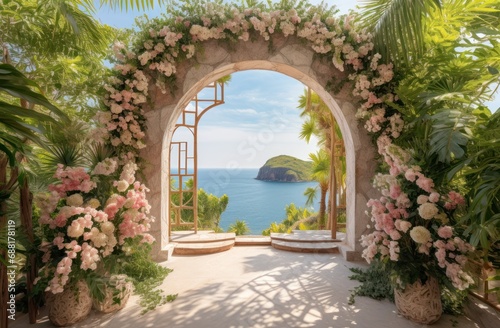 wedding ceremony and archway with tropical tree and flower, coastal scenery, © olegganko