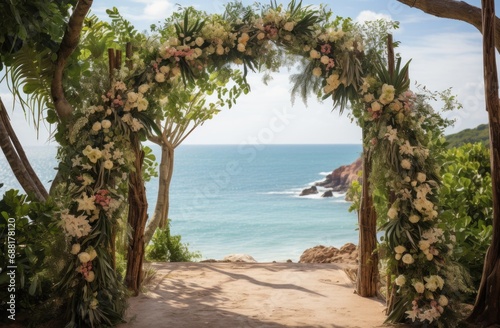 wedding ceremony and archway with tropical tree and flower, coastal scenery,
