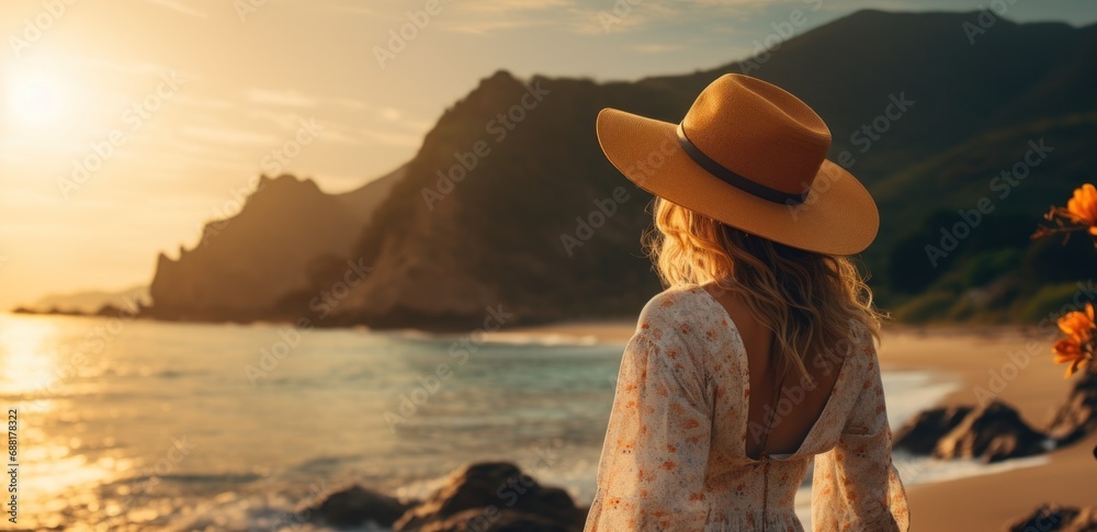 woman in hat standing on the edge of a beach