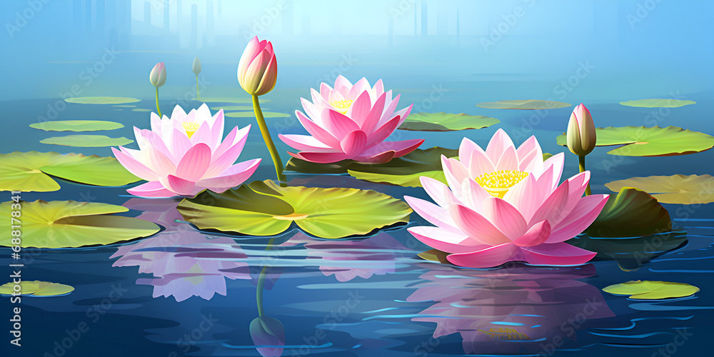 illustration of soft pink lotus flower on blue water, abstract background	
