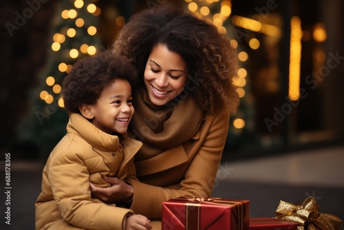 woman holding a present and her son outdoors near a christmas tree