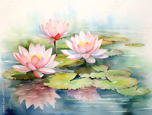 illustration of soft pink lotus flower on blue water, abstract background 