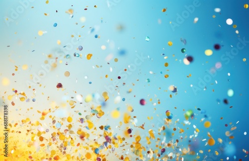yellow background with colorful confetti falling over it,