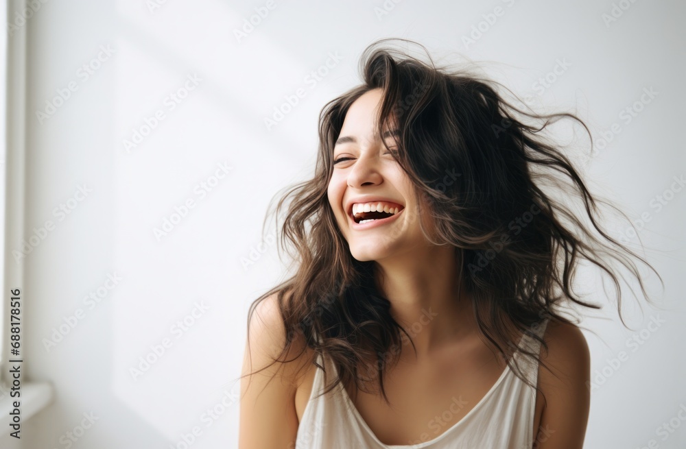 young woman laughing on white background young woman laughing on white background