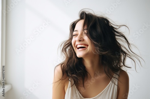 young woman laughing on white background