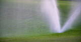 medium shot of grass sprinkler splashes water over the lawn