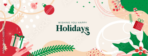 Merry Christmas and Happy New Year. Vector illustration for greeting card, party invitation card, website banner, social media banner, marketing material.