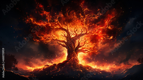 Fiery Artistic Representation of a Tree in Flames: Captivating Abstract and Fascinating Visuals