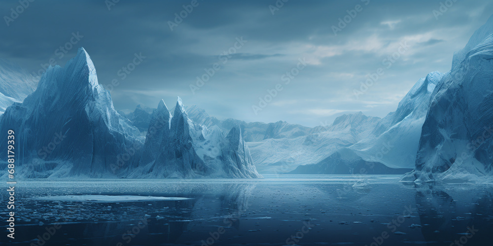 Arctic winter landscape with large glaciers. ai generative