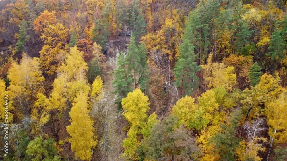 Autumn aerial dolly forward of viewing point on Cossack mountain in colorful forest. Korobovy Hutora (Koropove village) on Siverskyi Donets River in Ukraine Autumn aerial dolly forward of viewing point on Cossack mountain in colorful forest. Korobovy Hutora (Koropove village) on Siverskyi Donets River in Ukraine