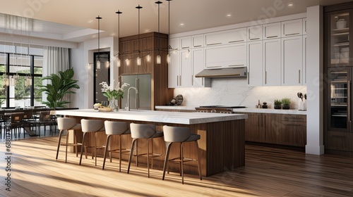 a kitchen in a new luxury home. Showcase a large waterfall island, stainless steel appliances, white cabinets, and hardwood floors, emphasizing a minimalist, modern style. © lililia