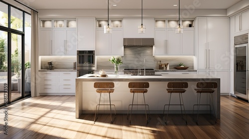 a kitchen in a new luxury home. Showcase a large waterfall island, stainless steel appliances, white cabinets, and hardwood floors, emphasizing a minimalist, modern style.