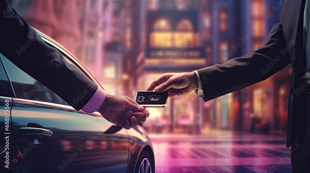 a businessman's hands and a chauffeur by a car door, the hand of a male person on a vehicle handle, emphasizing professional transport service. a businessman's hands and a chauffeur by a car door, the hand of a male person on a vehicle handle, emphasizing professional transport service.