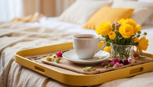 Tray with a cup of coffee, vase with beautiful yellow flowers on the bed in the room birthday
