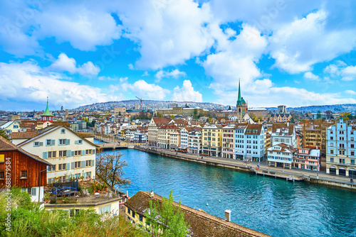 The view from Lindenhof Hill on historic Niederdorf neighborhood, Zurich, Switzerland