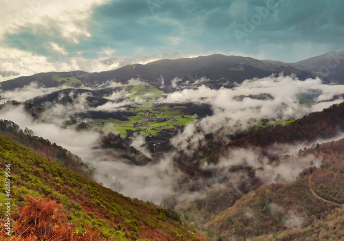 Panoramic view from Esva valley and Sierra Silvallana, Valdes municipality, Asturias, Spain