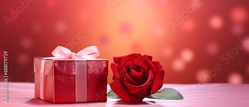 elegant red roses and red gift box on pink background  valentines day concept. Romantic ambiance  perfect for birthday  anniversary  or gift card use. Generative ai