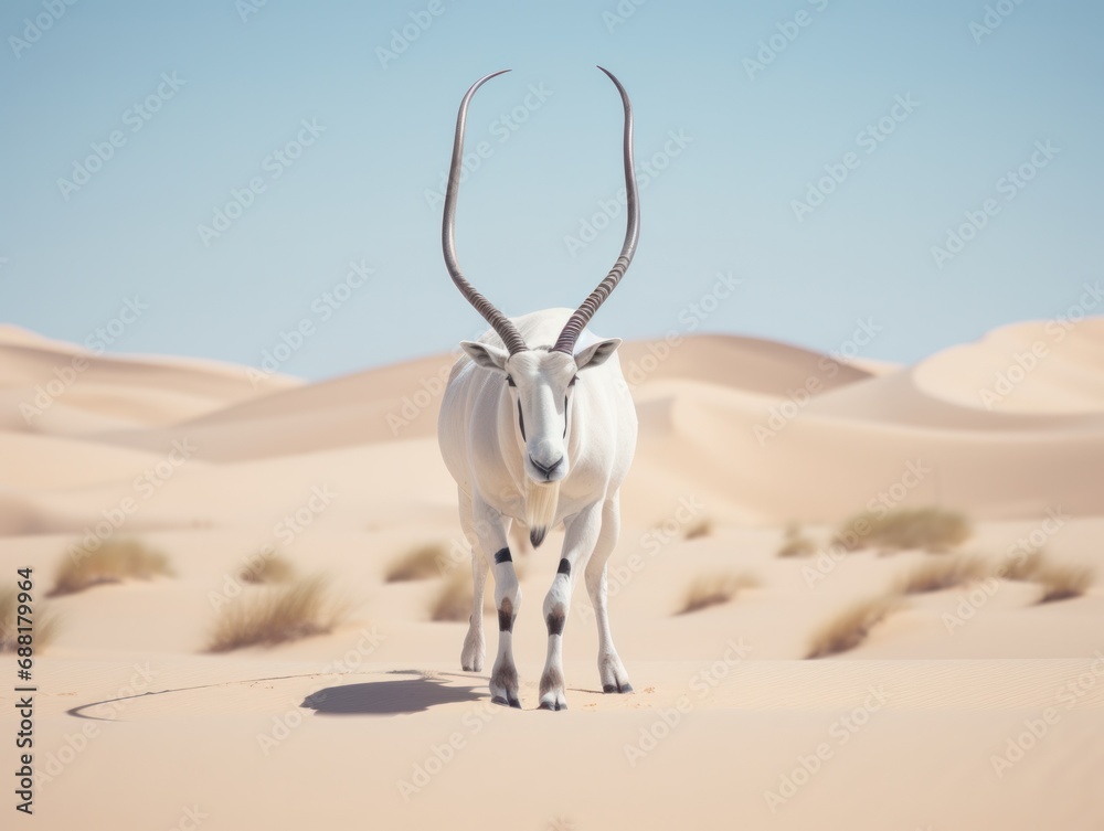 Scenic Arabian Oryx Walking in Desert Dunes of the Middle East.