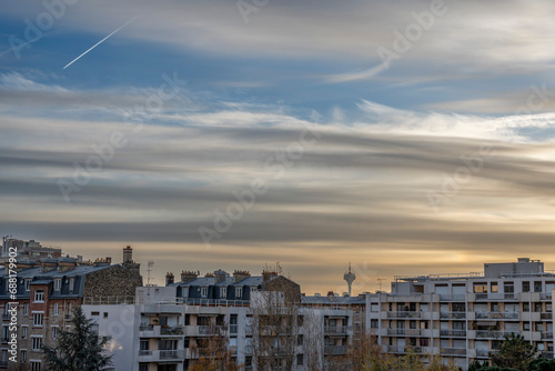 Les Lilas, France - 11 30 2023: View of TDF microwave tower Romainville site at sunrise.