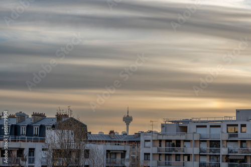 Les Lilas, France - 11 30 2023: View of TDF microwave tower Romainville site at sunrise.