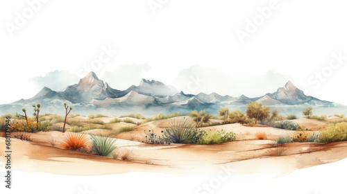 Sandy panorama of a desert, captured in arizonian watercolor style, with dynamic sand dunes, presented on transparent backdrop, ideal for ai