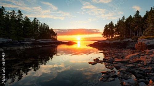 Scenic Acadia Maine Sunrise over Shoreline with Lighthouses and Rocks