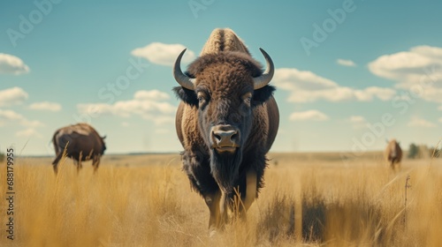 Scenic American Bison and Donkey Grazing in a Field