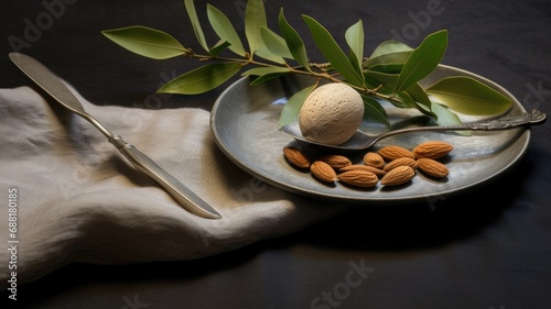 almonds and green leaves in a wooden bowl, light orange and light beige style. photo