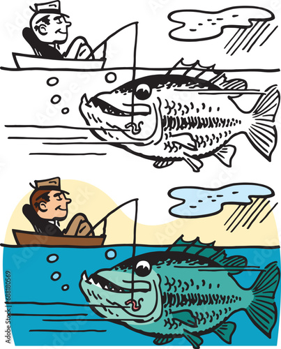 A vintage retro cartoon of a man fishing in a rowboat with a giant fish in the water about to take the bait. 