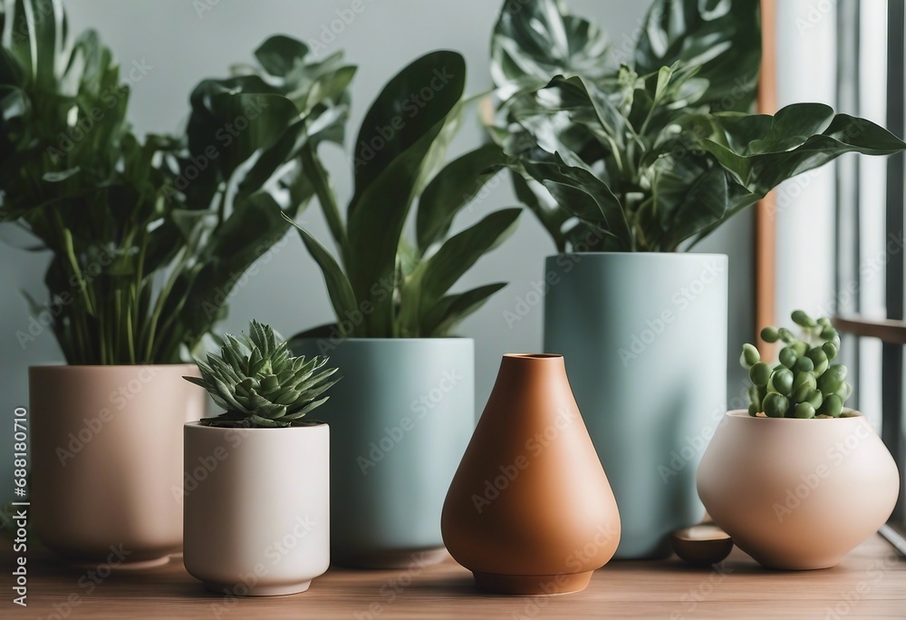 Fototapeta premium Flower pots on shelf. Collection Set of different styles of retro vintage and modern vase and interior plants pots furniture