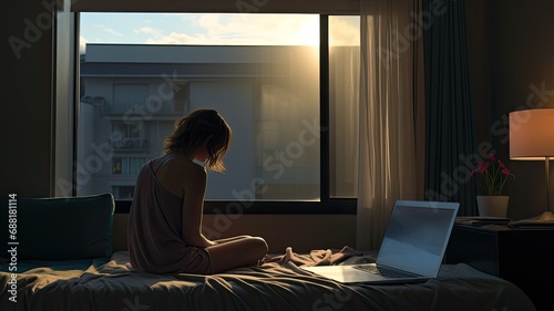 a happy and fresh woman, sitting on a hotel bed, using a laptop to enjoy a good morning after waking up.
