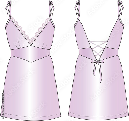 WOMENS SATIN LACE SLIP NIGHTWEAR IN EDITABLE VECTOR FILE. Satin Slip dress design flat sketch fashion illustration with lace. v neck Lace night dress cad drawing vector template.