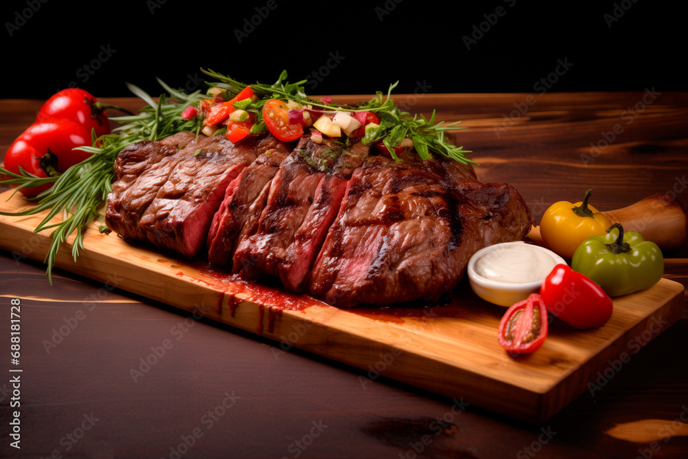 Closeup view of Medium rare roasted beef meat on plate. Slices of juicy beef steak or angus steak Closeup view of Medium rare roasted beef meat on plate. Slices of juicy beef steak or angus steak