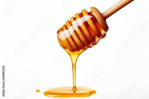 honey dripping from a wooden spoon on white background