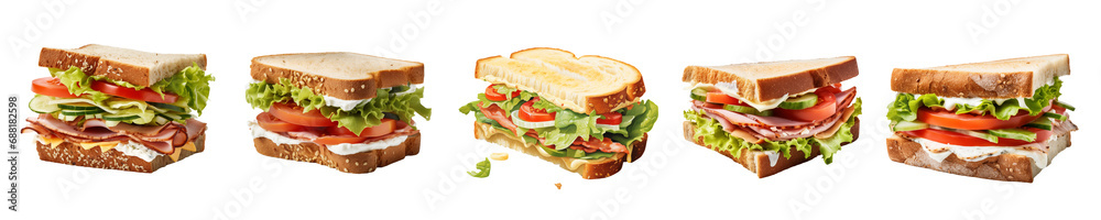 Delicious sandwich set with green salad and vegetables isolated on transparent background. Generative AI Delicious sandwich set with green salad and vegetables isolated on transparent background. Generative AI