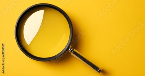 Close up magnifier glass on yellow background copy space background