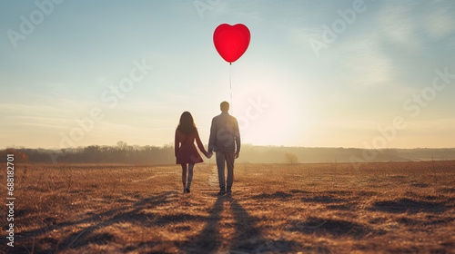 Romantic couple walking through the meadow with a balloon photo