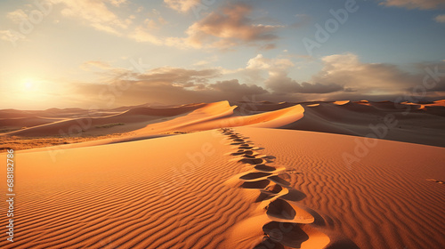 Close-Up of Footprints in Desert Sand with Dunes in the Background: The Arid Elegance of Nature’s Canvas