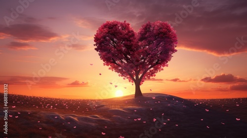 Immerse in the romance of spring with a heart-shaped tree at sunset. A love-filled landscape, perfect for Valentine's Day cards and emotional backgrounds