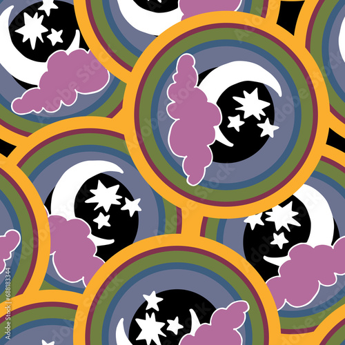 Starry night seamless pattern with moon, stars and clouds. Boho style decorative background for wallpaper, digital paper, wrapping design, fashion fabric, textile print. Hand drawn illustration.