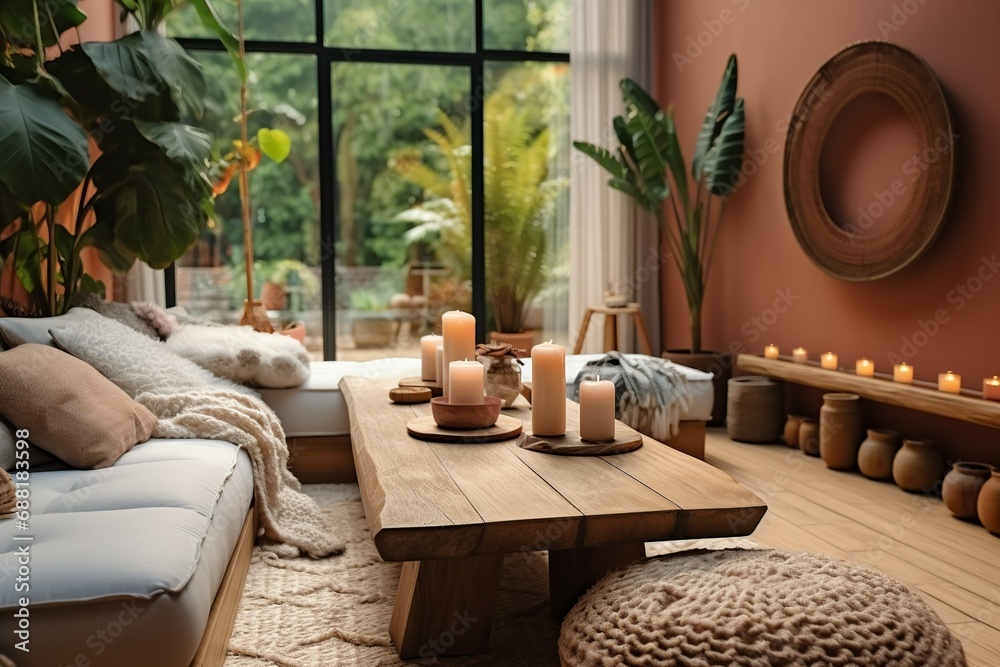 Boho home interior design of modern living room, Generative AI