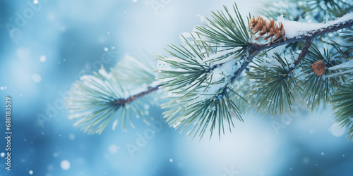 snow covered pine branch against blurred winter background