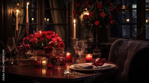 Dining room with the table set up for romantic dinner. Saint Valentin celebration