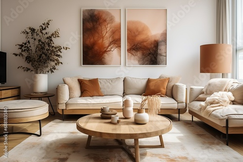 Round wooden coffee table near beige sofas against white wall with posters. Scandinavian style home interior design of modern living room, Generative AI photo
