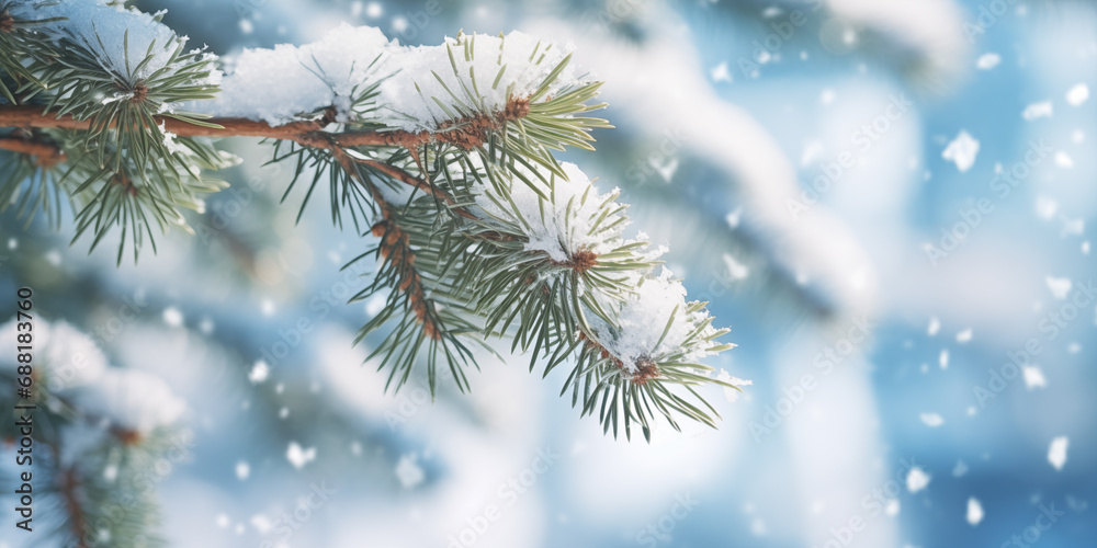 snow covered pine branch with blurred winter background snow covered pine branch with blurred winter background