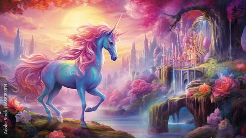 A majestic unicorn, its coat a rainbow of pinks and purples, stands atop a mountain, surveying a breathtaking landscape, a sight that is both awe-inspiring and whimsical. ai generated. © 1st footage
