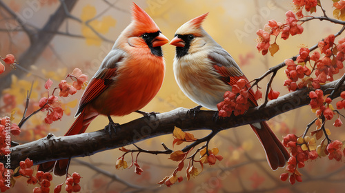 A pair of cardinal birds, a symbol of love and fidelity, soar through an autumn landscape, a reminder of the beauty of nature and the power of love. ai generated. photo