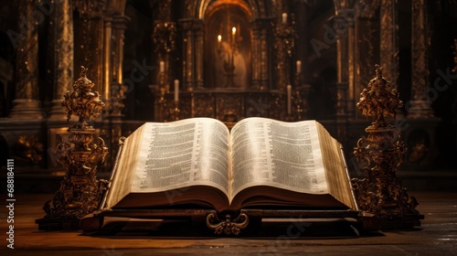 mystique of an old open book, a Gospel written in Old Russian language.