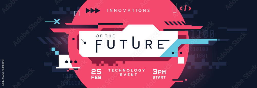 Abstract futuristic background design with place for text. Technology banner concept in digital glitch style. Technology event invitation. Creative hi-tech website header. Vector illustration